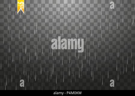 Rain transparent template background. Falling water drops texture. Nature rainfall on checkered background. Stock Vector