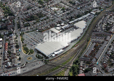 aerial view of the C12 Shopping Park, including an Asda, in Southport, Lancashire Stock Photo