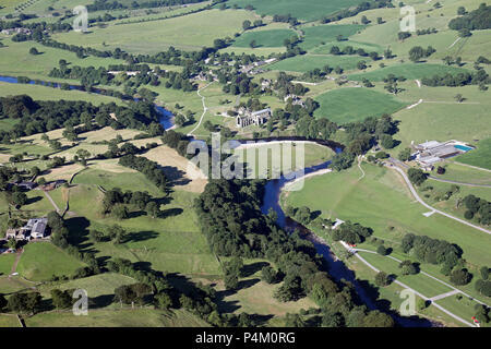 aerial view of Bolton Abbey on the River Wharfe in Wharfedale, North Yorkshire Stock Photo