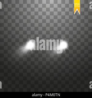 Realistic white glow of round beams of car headlights, isolated against a background of transparent gloom. Vector bright train lights for your design. Easy light flash Stock Vector