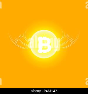 Bitcoin Cripto currency blockchain. Bitcoin flat logo on orange background. Bitcoin with wings Stock Vector