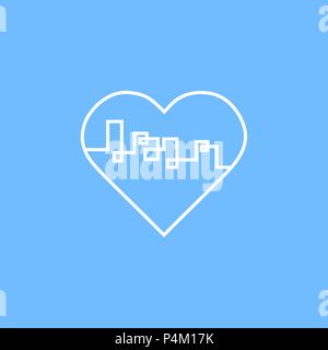 Silhouette of the city and heart and love in continuous drawing lines in a flat style. Modern urban landscape. Vector illustrations. City skyscrapers building office horizon.Continuous line drawing Stock Vector