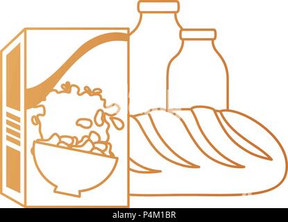 cereal box with bread and milk bottle Stock Vector