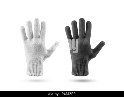 Blank knitted winter gloves mockup set, black and white. Clear ski or snowboard mittens mock up, isolated on white. Warm hand clothes design template. Stock Photo