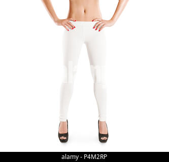 Woman wear blank white leggings mockup, isolated. Women in clear leggins template. Cloth pants design presentation. Sport pantaloons stretch tights mo