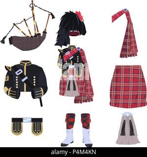 Scottish traditional clothes bagpipes vector icons Stock Vector