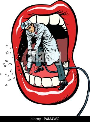 dentist jackhammer drilling teeth. isolate on white background. Pop art retro vector illustration kitsch vintage Stock Vector