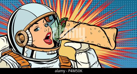Hungry woman astronaut eating kebab Doner Shawarma. Pop art retro vector illustration vintage kitsch drawing Stock Vector