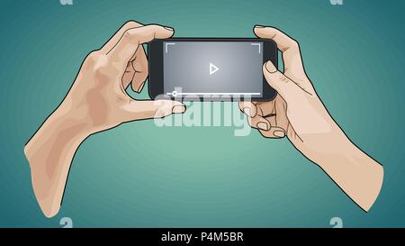Hands holding phone, Vector illustration sketch style and isolated on white background Stock Vector