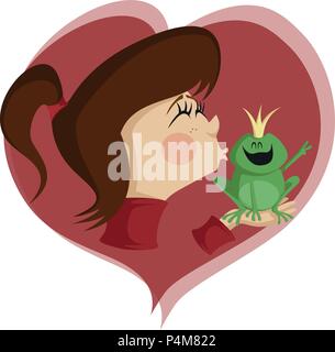 Brunette girl kisses a happy frog prince Stock Vector