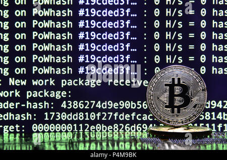 Two bitcoins lies on a videocard surface with background of screen display of cryptocurrency mining by using the GPUs . Stock Photo