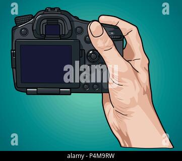 Vector illustration. Hands holding professional photo camera. Stock Vector