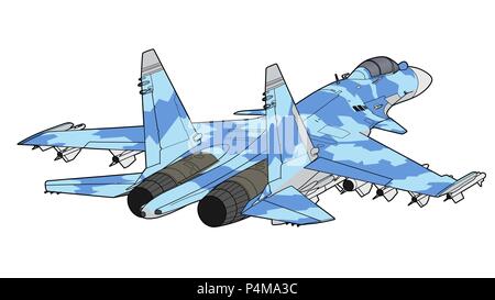 Flight of the newest russian jet fighter aircraft. Technichal draw. Isolated on white background. Stock Vector