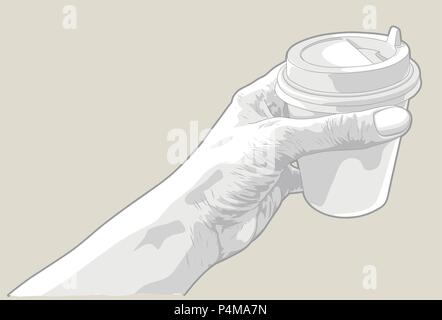 Hand drawn sketch of a hand holding paper cup of coffee Stock Vector