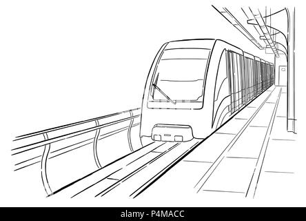 Hand drawn ink line sketch subway station, train in outline style ...