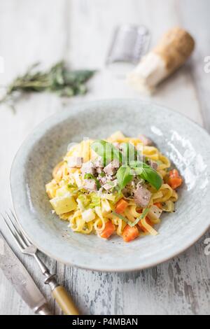 Tagliatelle with tafelspitz (boiled beef) and carrots Stock Photo