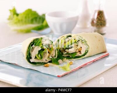 Chicken Caesar Salad Wrap; Halved Stock Photo