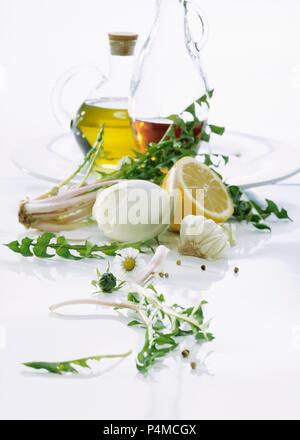 Ingredients for dandelion salad with vinaigrette Stock Photo