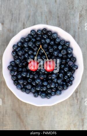 Blueberries and a pair of cherries in a bowl Stock Photo