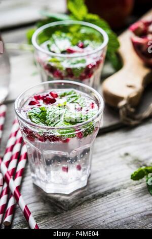 Detox drinks with lemon water, mint and pomegranate seeds
