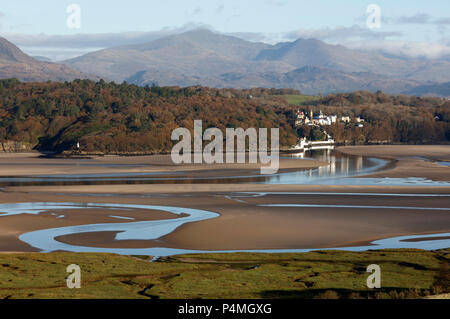 View over the Dwyryd estuary to the Italianate village of Portmeiron and beyond to Snowdon, Snowdonia, Wales, UK Stock Photo