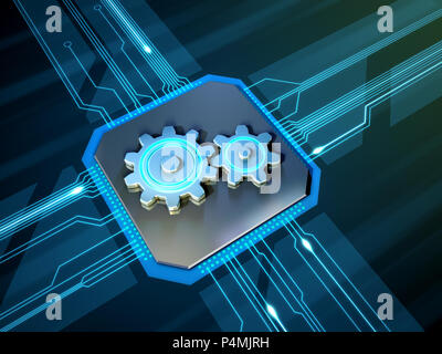 Some gears over a printed circuits board. 3D illustration. Stock Photo