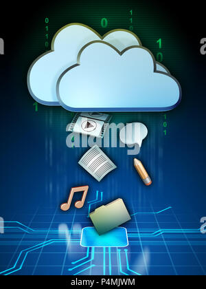 Different media files are being uploaded to a cloud storage system. Digital illustration. Stock Photo