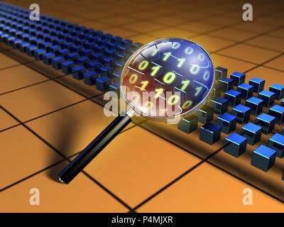 Magnifying glass inspecting some binary code. 3D illustration Stock ...