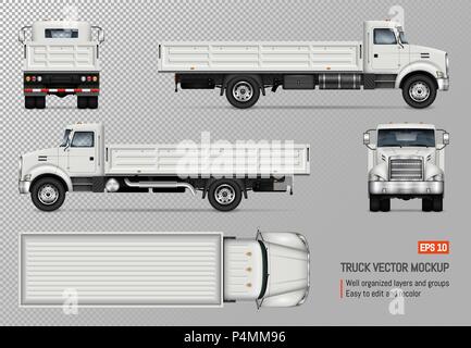 Flatbed truck vector mockup. Isolated template of the white lorry on transparent background for vehicle branding, corporate identity Stock Vector