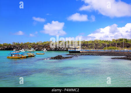 Puerto Ayora harbor on Santa Cruz Island, Galapagos National Park, Ecuador. Puerto Ayora is the most populous town in the Galapagos Islands. Stock Photo