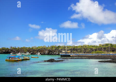 Puerto Ayora harbor on Santa Cruz Island, Galapagos National Park, Ecuador. Puerto Ayora is the most populous town in the Galapagos Islands. Stock Photo