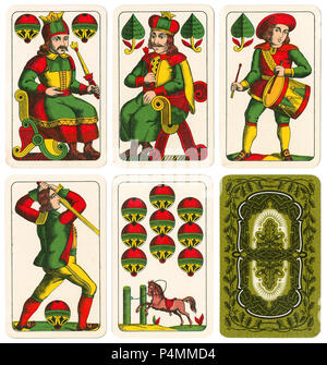 A selection of vintage Bohemian pattern playing cards, with oak leaf back, based on early 16th-century German designs. Stock Photo