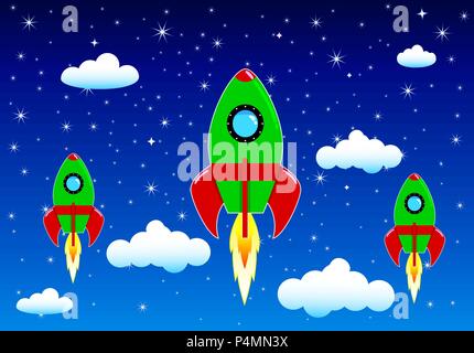 Space rockets on a background of blue sky , stars and clouds. Stock Vector