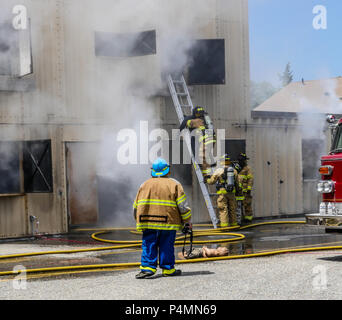 Students bringing a dummy down a ladder from a smoke house at a firefighter instuction academy. Stock Photo