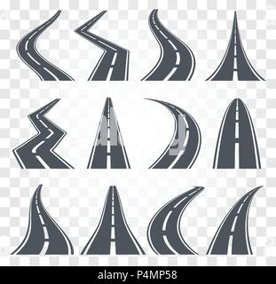 Roads set. Highway vector illustration on transparent baclground. Asphalt road, street icon. Stock Vector