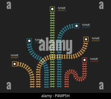 Railroad tracks, railway simple icon, rail track direction, train tracks colorful vector illustrations on black backgroud, colorful stairs, subway stations map top view, infographic elements. Stock Vector