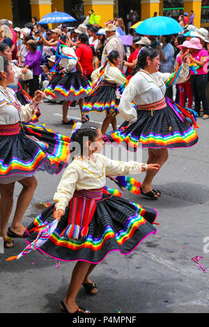 Local people dancing during Festival of the Virgin de la Candelaria in Lima, Peru. The core of the festival is dancing and music performed by differen Stock Photo