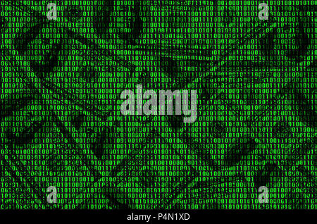 Image of binary code from bright green numbers, through which you can see a lot of dollars Stock Photo