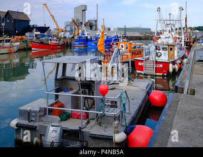 Fishing boats and other craft in Whitstable's busy harbour and port. Stock Photo