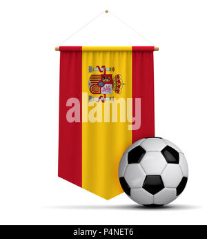 Spain flag cloth hanging banner with soccer ball. 3D Rendering Stock Photo