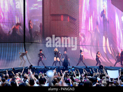 Taylor Swift performing on stage during the Reputation Stadium Tour at Wembley Stadium Olympic Way, Wembley, London. Stock Photo