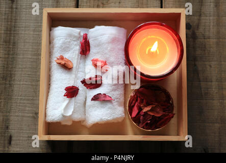 Topview rose spa aromatherapy set on wood table Stock Photo
