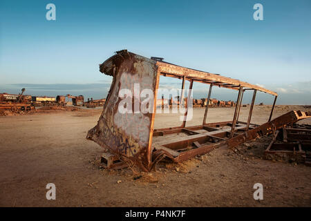 Uyuni, Bolivia. Abandoned Train On Sand At Desert Stock Photo