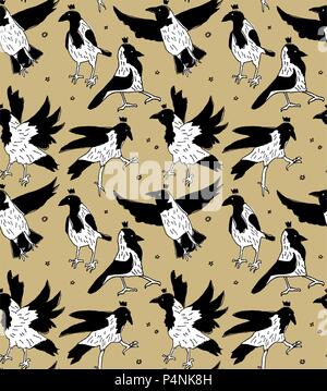 White crows in crowns color seamless pattern Stock Vector