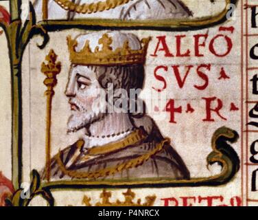 GENEALOGIA DE LOS REYES DE ESPAÑA - ALFONSO IV PORTUGAL-1291/1357. Author: Alonso de Cartagena (1385-1456). Location: BIBLIOTECA NACIONAL-COLECCION, MADRID, SPAIN. Stock Photo