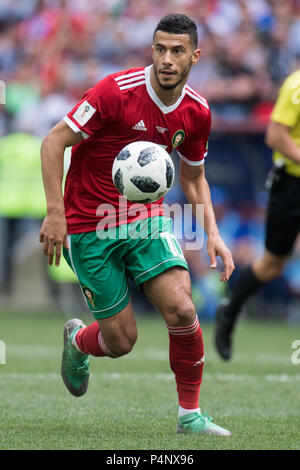 Younes BELHANDA (MAR) with Ball, Single Action with Ball, Action, Full Figure, Portrait, Portugal (POR) - Morocco (MAR) 1: 0, Preliminary Round, Group B, Match 19, on 06/20/2018 in Moscow; Football World Cup 2018 in Russia from 14.06. - 15.07.2018. | usage worldwide Stock Photo