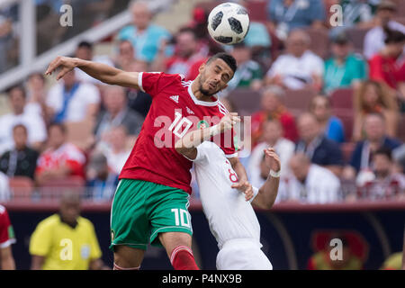 Younes BELHANDA (left, MAR) versus Joao MOUTINHO (POR), action, duels, header duel, Portugal (POR) - Morocco (MAR) 1: 0, preliminary round, group B, game 19, on 20.06.2018 in Moscow; Football World Cup 2018 in Russia from 14.06. - 15.07.2018. | usage worldwide Stock Photo