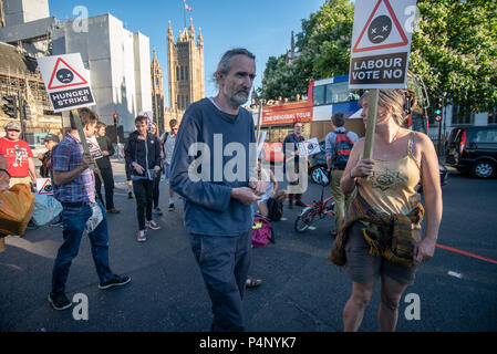 London, UK. 22nd June 2018. At the end of their 30 minute road block, Roger Hallam (centre) stood up and led the campaigners against the expansion of Heathrow from the road onto the grass of Parliament Square. There were no arrests. Those taking part included some who have been on hunger strike outside the Labour Party HQ for 14 days so far. Police told the protesters individually they risked arrest and removal for obstruction of the highway. Credit: Peter Marshall/Alamy Live News Stock Photo