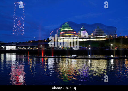 Newcastle, UK. 22nd June 2018. Drone display during the opening ceremony of the Great Exhibition of the North at Newcastle-upon-Tyne, England. The 80-day festival s a celebration of innovation, industrial heritage and the arts and runs until 9 September 2018. Credit: Stuart Forster/Alamy Live News Stock Photo