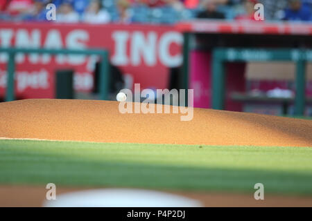 June 21, 2018: The game ball sits on the mound before the start of the game between the Toronto Blue Jays and Los Angeles Angels of Anaheim, Angel Stadium in Anaheim, CA, Photographer: Peter Joneleit Stock Photo